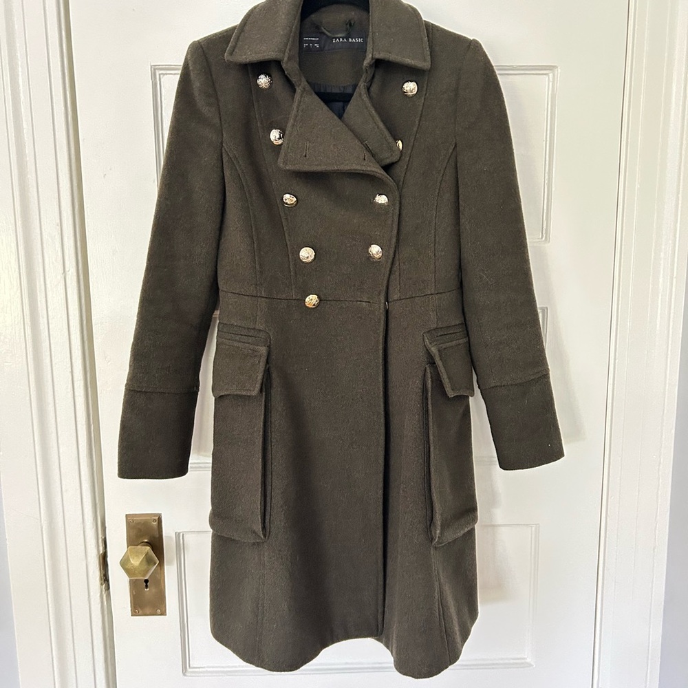Zara Green Pea Coat Double-Breasted Military Style